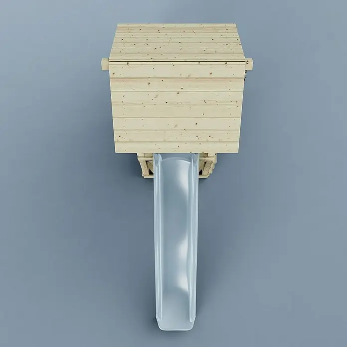 OutdoorToys Kinderspielturm Lillehammer - L x B x H: 112 x 357 x 273 cm, Blau - Holzspielhaus mit Rutsche. Das Spielhaus ist aus hellem Holz und hat eine blaue Rutsche. Ideal für Kinder zum Spielen im Garten.