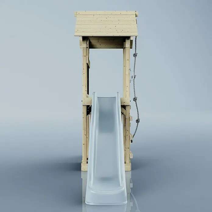 OutdoorToys Kinderspielturm Lillehammer - L x B x H: 112 x 357 x 273 cm, Blau - Vorderansicht eines Spielturms mit Rutsche und Kletterseil. Das Holz ist hell und die Rutsche grau.