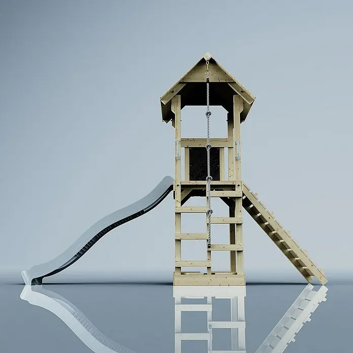 OutdoorToys Kinderspielturm Lillehammer - L x B x H: 112 x 357 x 273 cm, Blau - Ein hölzerner Spielturm mit Rutsche, Kletterseil und Leiter für Kinder zum Spielen und Spaß haben.