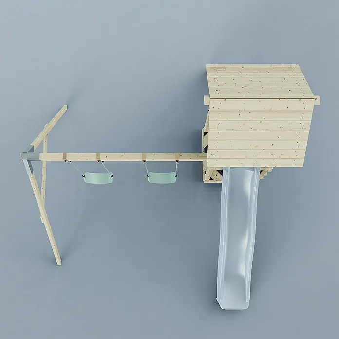 OutdoorToys Kinderspielturm Vimmerby - L x B x H: 332 x 357 x 273 cm, Blau - Kinderspielplatz mit Schaukel, Rutsche und Baumhaus, ideal für stundenlangen Spaß im Garten, aus hellem Holz gefertigt.