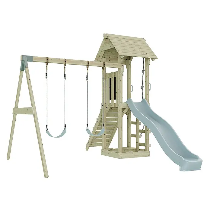 OutdoorToys Kinderspielturm Vimmerby - L x B x H: 332 x 357 x 273 cm, Blau - Holzspielplatz mit Schaukel, Turm, Rutsche und Kletterwand. Ideal für stundenlangen Spielspaß im Freien.