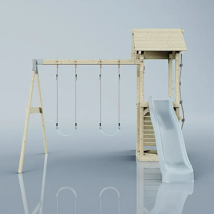 OutdoorToys Kinderspielturm Vimmerby - L x B x H: 332 x 357 x 273 cm, Blau - Ein detailreiches Bild eines Holzspielplatzes mit Schaukeln, Rutsche und kleinem Turm, ideal für Kinder zum Spielen und Entdecken.