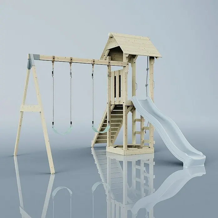 OutdoorToys Kinderspielturm Vimmerby - L x B x H: 332 x 357 x 273 cm, Blau - Ein detailreiches Bild eines Spielplatzes mit Schaukeln, einem Kletterturm und einer Rutsche. Perfekt für aktive Kinder.