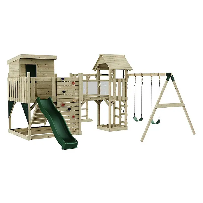 OutdoorToys Kinderspielturm Polarplay Malou - L x B x H: 562 x 503 x 274 cm, Grün - Abenteuerlicher Spielplatz aus Holz mit Rutsche, Kletterwand und Schaukeln für stundenlangen Spaß im Garten.