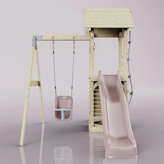 OutdoorToys Kinderspielturm Göteborg - L x B x H: 242 x 357 x 273 cm, Rosa - Hölzerner Spielplatz mit Rutsche, Schaukel und Kletterseil. Ideal für Kinder, um aktiv zu sein und Spaß im Freien zu haben.