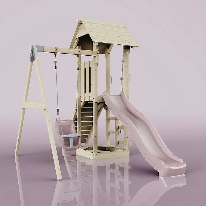 OutdoorToys Kinderspielturm Göteborg - L x B x H: 242 x 357 x 273 cm, Rosa - Spielplatz mit Holzstruktur, Rutsche und Schaukel für Kinder zum sicheren Spielen im Freien.