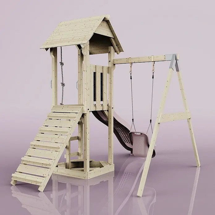 OutdoorToys Kinderspielturm Göteborg - L x B x H: 242 x 357 x 273 cm, Rosa - Hölzerner Spielplatz mit Schaukel, Rutsche und Klettergerüst für Kinder, ideal für den Garten. Robuste Konstruktion für sicheren Spielspaß.