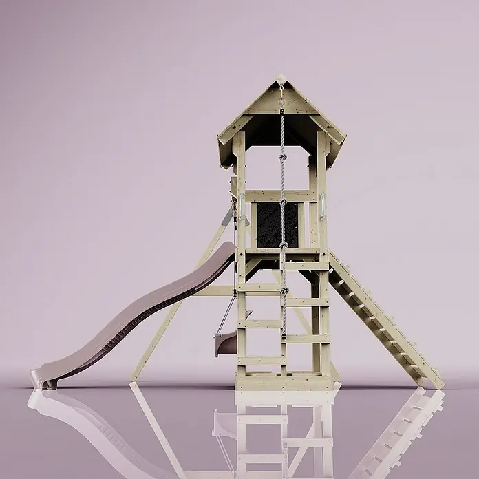 OutdoorToys Kinderspielturm Göteborg - L x B x H: 242 x 357 x 273 cm, Rosa - Holzspielturm mit Rutsche, Kletterseil und Leiter für Kinder zum Spielen im Garten.