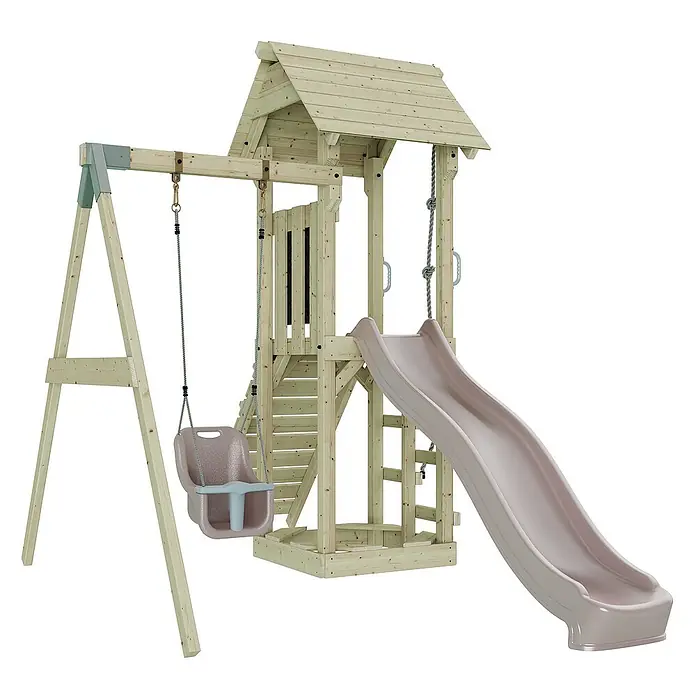 OutdoorToys Kinderspielturm Göteborg - L x B x H: 242 x 357 x 273 cm, Rosa - Ein hölzerner Spielplatz mit Schaukel, Rutsche und Spielturm für stundenlangen Spielspaß im Freien.