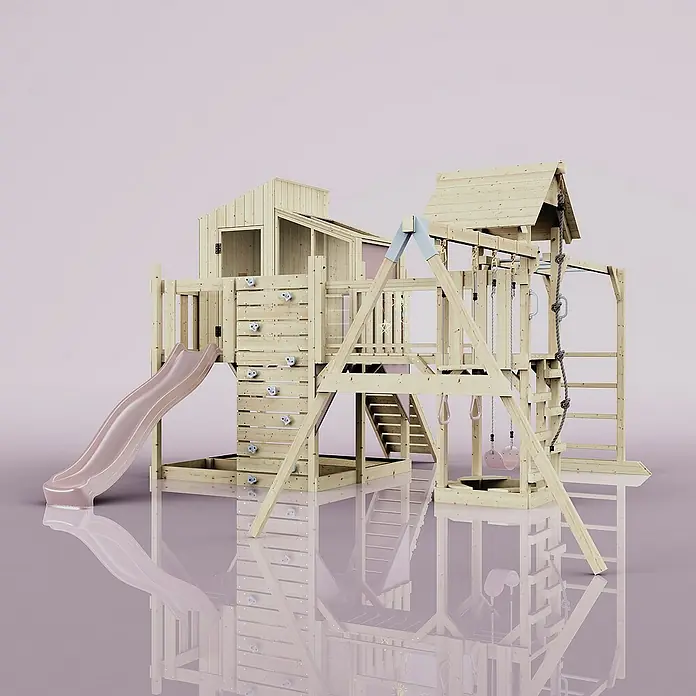 OutdoorToys Kinderspielturm Polarplay Emma - L x B x H: 490 x 503 x 291 cm, Rosa - Ein detailreiches Bild eines vielseitigen Holzspielplatzes mit Rutsche, Kletterwand und Schaukel für stundenlangen Spielspaß im Freien.