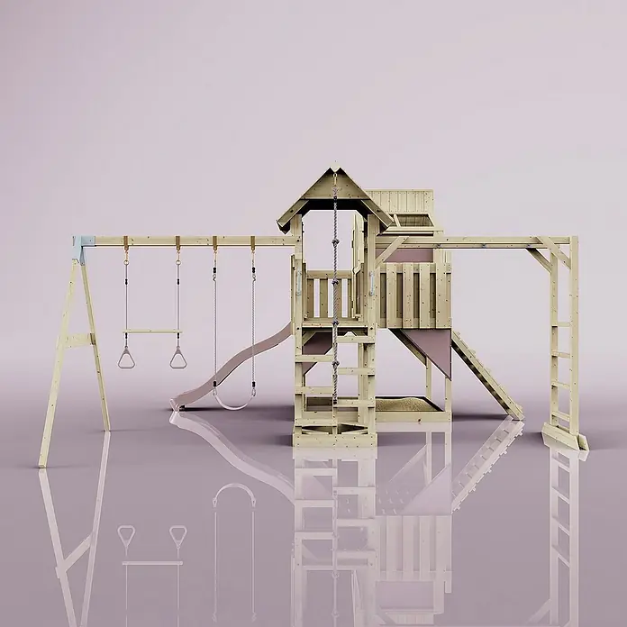 OutdoorToys Kinderspielturm Polarplay Emma - L x B x H: 490 x 503 x 291 cm, Rosa - Ein detailreiches Bild eines Holzspielplatzes mit Schaukeln, Rutsche und Kletterelementen, ideal für Kinder zum Spielen und Spaß haben.