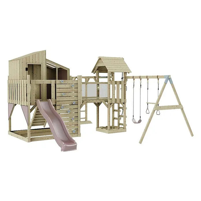 OutdoorToys Kinderspielturm Polarplay Emma - L x B x H: 490 x 503 x 291 cm, Rosa - Das Holzspielhaus mit Rutsche, Kletterwand und Schaukel bietet Kindern vielseitigen Spielspaß im Garten. Ein tolles Spielparadies!