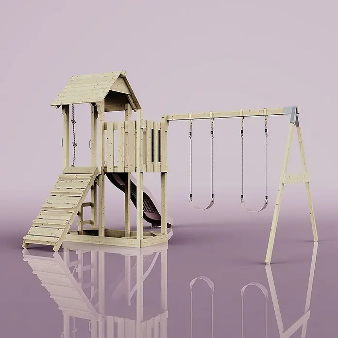 OutdoorToys Kinderspielturm Uppsala - L x B x H: 373 x 357 x 273 cm, Rosa - Ein detailreiches Bild eines Holzspielplatzes mit Schaukeln, einer Rutsche und einem kleinen Turm auf einem glänzenden Untergrund.