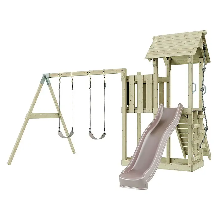 OutdoorToys Kinderspielturm Uppsala - L x B x H: 373 x 357 x 273 cm, Rosa - Ein hölzernes Spielgerät mit Schaukeln, Turm und Rutsche für stundenlangen Spaß im Freien.