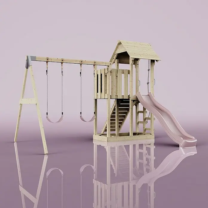 OutdoorToys Kinderspielturm Uppsala - L x B x H: 373 x 357 x 273 cm, Rosa - Ein hölzernes Spielhaus mit Schaukel und Rutsche, ideal für stundenlangen Spielspaß im Garten. Das naturbelassene Design fügt sich gut in jede Umgebung ein.