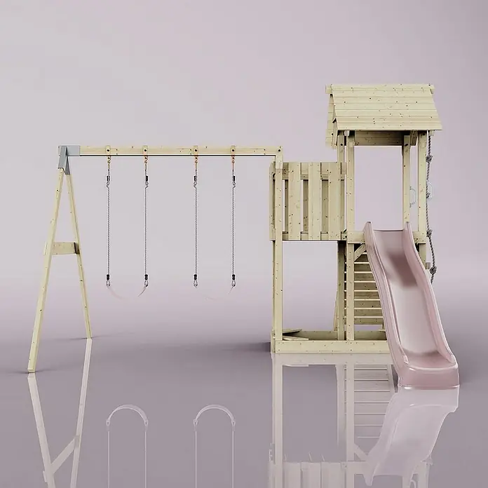 OutdoorToys Kinderspielturm Uppsala - L x B x H: 373 x 357 x 273 cm, Rosa - Abbildung eines Holzspielplatzes mit Schaukel und Rutsche, ideal für stundenlangen Spielspaß im Freien.