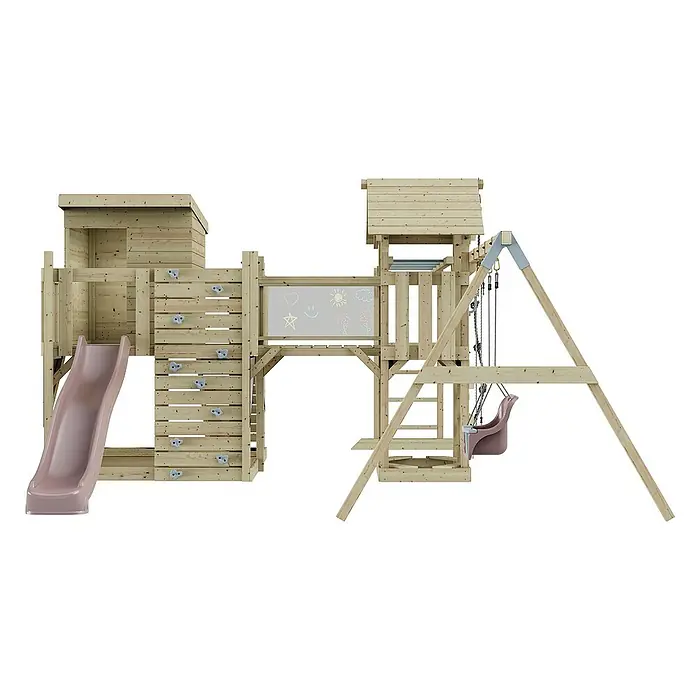 OutdoorToys Kinderspielturm Polarplay Malou - L x B x H: 562 x 503 x 274 cm, Rosa - Ein detailreiches Bild eines hölzernen Spielplatzes mit Rutsche, Kletterwand und Schaukel.