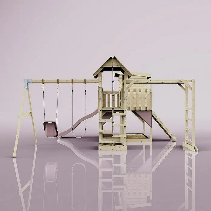 OutdoorToys Kinderspielturm Polarplay Malou - L x B x H: 562 x 503 x 274 cm, Rosa - Ein detailreiches Bild eines hölzernen Spielplatzes mit Rutsche, Schaukel und Kletterturm, ideal für Kinder zum Spielen und Erkunden im Freien.