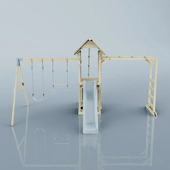 OutdoorToys Kinderspielturm Örebro - L x B x H: 358 x 491 x 275 cm, Blau - Eine hölzerne Schaukel mit Rutsche. Perfekt für Kinder zum Spielen im Freien, Spaß haben und aktiv sein.