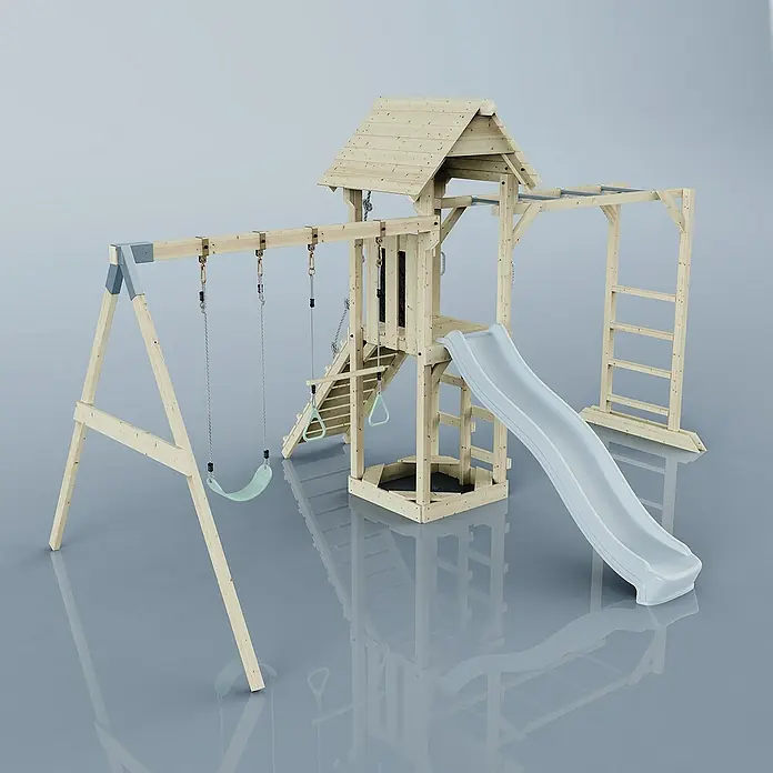OutdoorToys Kinderspielturm Örebro - L x B x H: 358 x 491 x 275 cm, Blau - Abbildung eines hölzernen Kinderspielplatzes mit Schaukeln, Rutsche und Klettergerüst, ideal für stundenlangen Spaß im Freien.