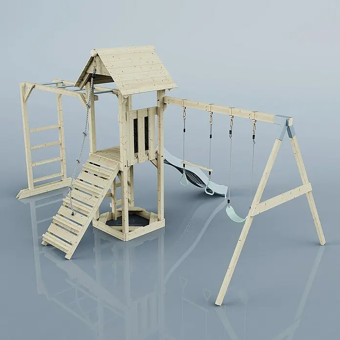 OutdoorToys Kinderspielturm Örebro - L x B x H: 358 x 491 x 275 cm, Blau - Ein detailreiches Bild eines Holzspielplatzes mit Schaukeln, einer Rutsche und einer Kletterstruktur für stundenlangen Spielspaß im Freien.