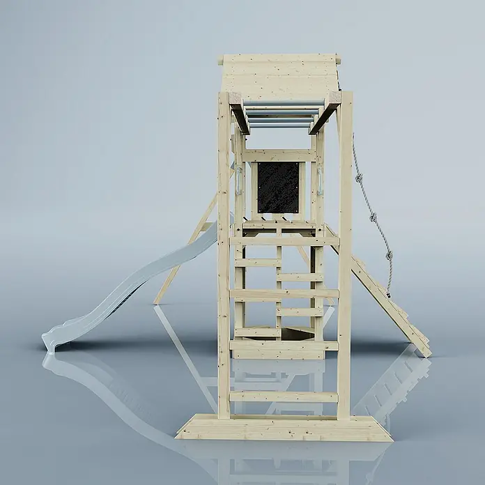 OutdoorToys Kinderspielturm Örebro - L x B x H: 358 x 491 x 275 cm, Blau - Hölzernes Klettergerüst mit Rutsche, Kletterwand und Affenleitern. Ideal für stundenlangen Spielspaß im Garten.
