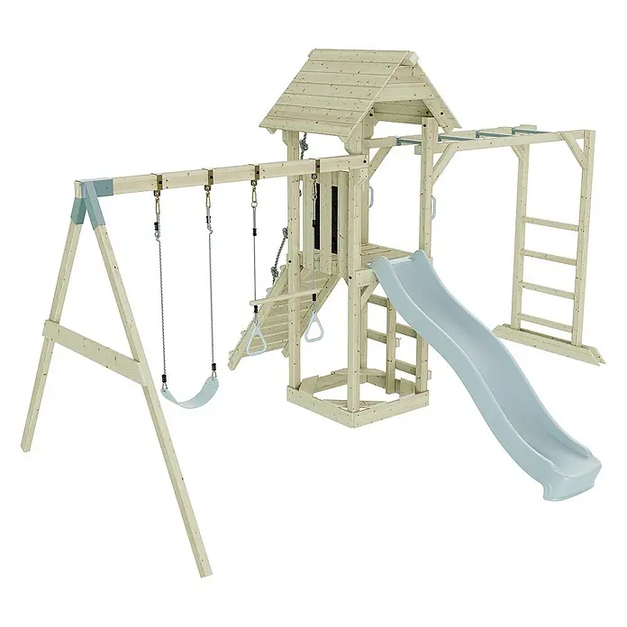 OutdoorToys Kinderspielturm Örebro - L x B x H: 358 x 491 x 275 cm, Blau - Holzspielplatz mit Schaukel, Rutsche und Klettergerüst für stundenlangen Spaß im Garten.