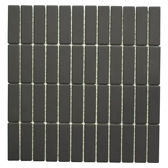 Mosaikfliese Stäbchen Uni CU ST 021 - 29,7 x 29 cm, Schwarz, Matt - Nahaufnahme eines Mosaikfliesenmusters in dunklem Anthrazit mit feinen, hellen Fugenlinien, ideal für moderne Raumgestaltungen.