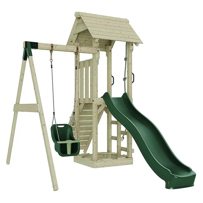 OutdoorToys Kinderspielturm Göteborg - L x B x H: 242 x 357 x 273 cm, Grün - Ein hölzerner Kinderspielturm mit Schaukel, Rutsche und Klettergerüst für stundenlangen Spielspaß im Garten.