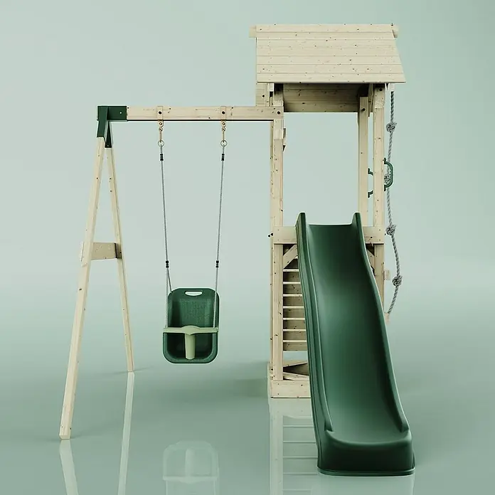 OutdoorToys Kinderspielturm Göteborg - L x B x H: 242 x 357 x 273 cm, Grün - Ein Spielplatz mit Schaukel und Rutsche aus Holz und grünem Kunststoff auf hellgrünem Hintergrund.