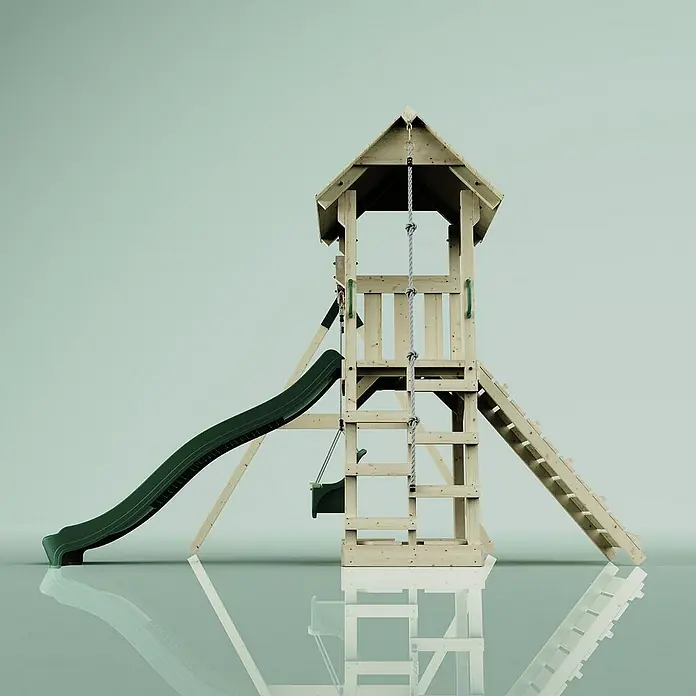 OutdoorToys Kinderspielturm Göteborg - L x B x H: 242 x 357 x 273 cm, Grün - Eine attraktive Holzspielturm-Kombination mit Rutsche, Kletterwand und Seilaufstieg, ideal für stundenlangen Spielspaß im Freien.