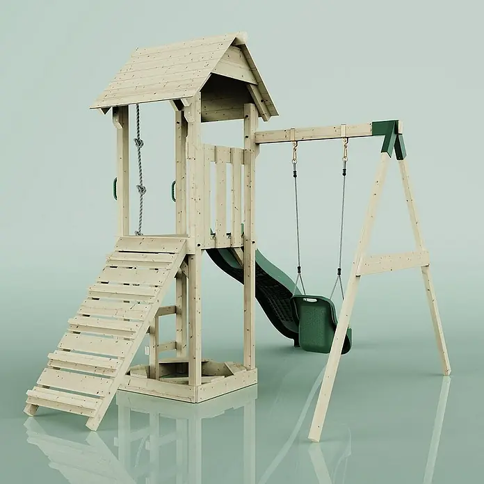 OutdoorToys Kinderspielturm Göteborg - L x B x H: 242 x 357 x 273 cm, Grün - Abenteuerlicher Spielturm aus Holz mit Schaukel, Rutsche und Kletterwand für endlosen Spaß im Garten.