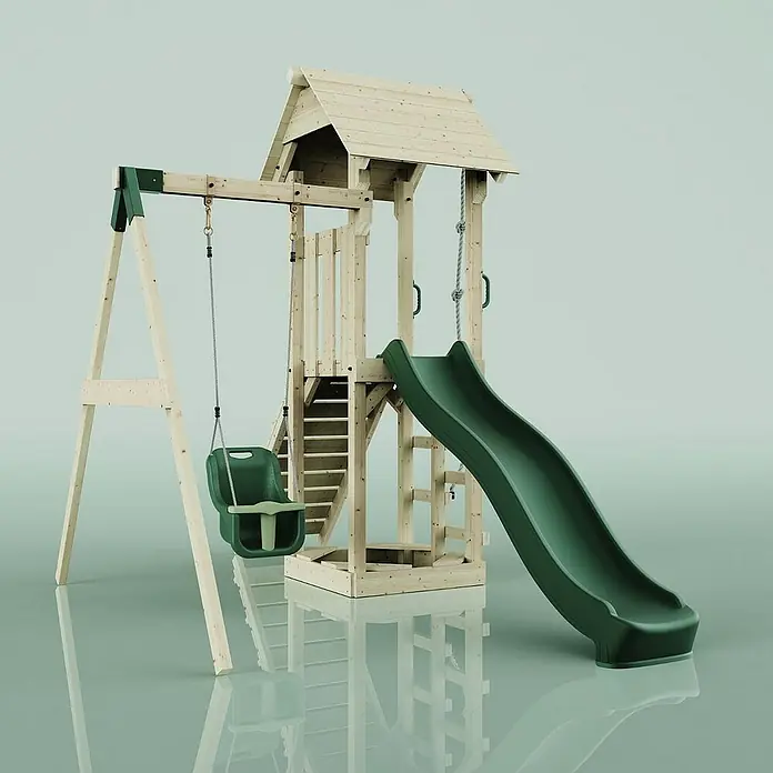 OutdoorToys Kinderspielturm Göteborg - L x B x H: 242 x 357 x 273 cm, Grün - Abbildung eines Spielplatzes mit Schaukel, Rutsche und Spielhaus aus Holz und grünem Kunststoff.