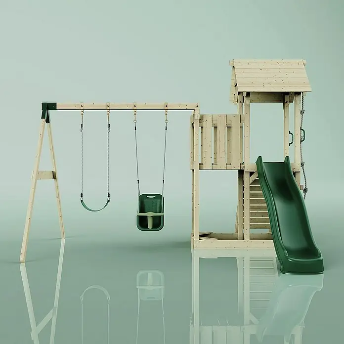 OutdoorToys Kinderspielturm Uppsala - L x B x H: 373 x 357 x 273 cm, Grün - Ein hölzerner Spielplatz mit Schaukel und Rutsche, ideal für stundenlangen Spaß im Freien.