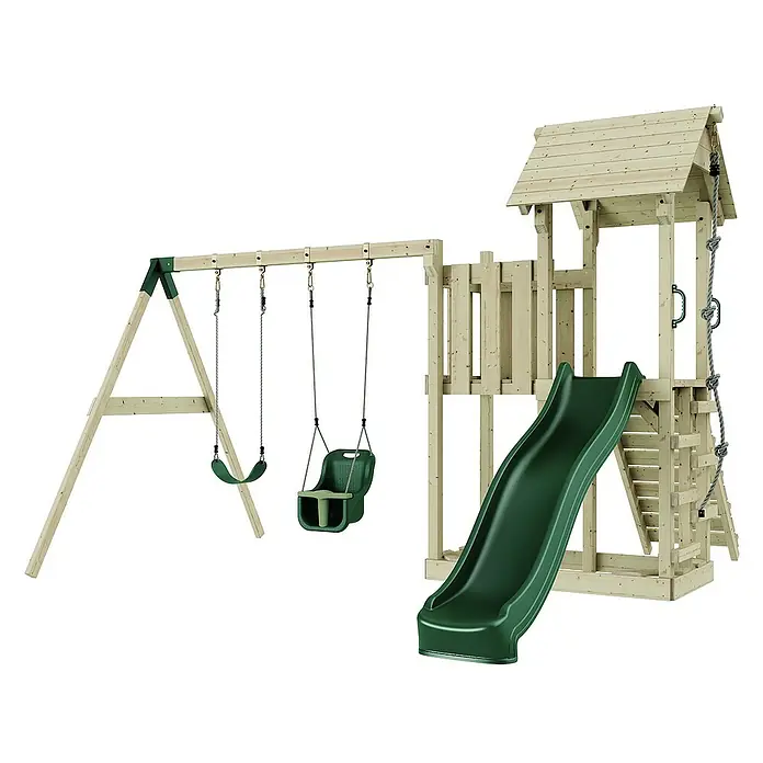 OutdoorToys Kinderspielturm Uppsala - L x B x H: 373 x 357 x 273 cm, Grün - Kinderspielplatz mit Schaukeln, Rutsche, Kletterwand und Turm für Spiel und Spaß im Garten.
