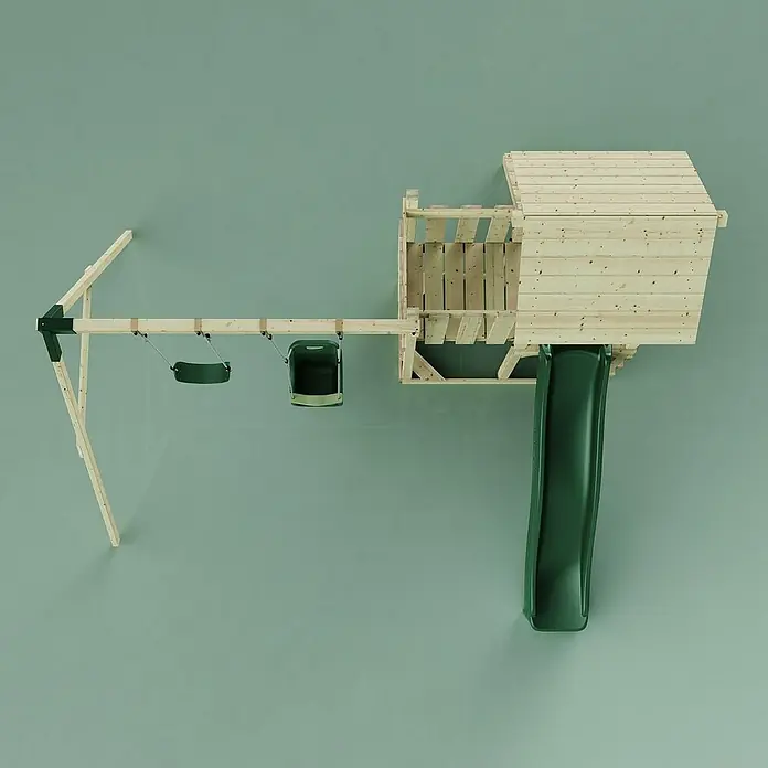 OutdoorToys Kinderspielturm Uppsala - L x B x H: 373 x 357 x 273 cm, Grün - Abenteuerlicher Kinderspielplatz mit Schaukeln und Rutsche, ideal für stundenlangen Spaß im Freien. Langlebiges Holz sorgt für Sicherheit.