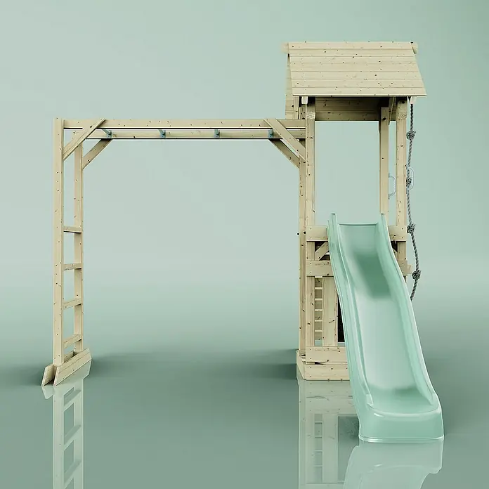 OutdoorToys Kinderspielturm Lund - L x B x H: 358 x 295 x 275 cm, Grün - Holzspielplatz mit Rutsche, Klettergerüst und kleinem Häuschen für Kinder zum Spielen im Freien.