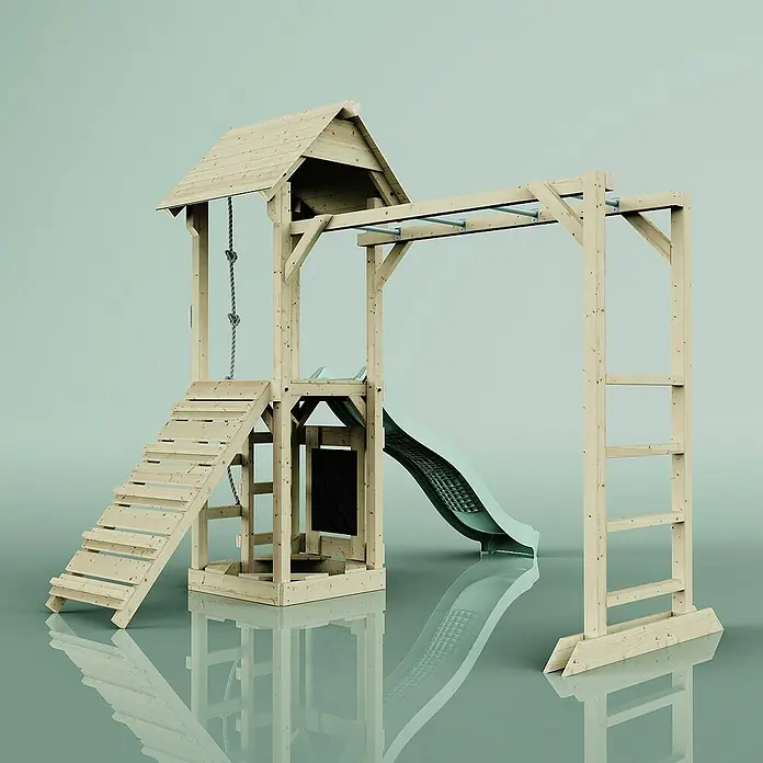 OutdoorToys Kinderspielturm Lund - L x B x H: 358 x 295 x 275 cm, Grün - Ein hölzernes Spielhaus mit Rutsche, Leiter und Kletterseil. Ideal für Kinder zum Spielen und Austoben im Garten.
