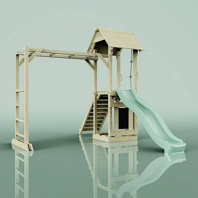 OutdoorToys Kinderspielturm Lund - L x B x H: 358 x 295 x 275 cm, Grün - Holzspielplatz mit Rutsche, Klettergerüst und kleinem Häuschen für Kinder zum Spielen und Spaß haben im Garten.