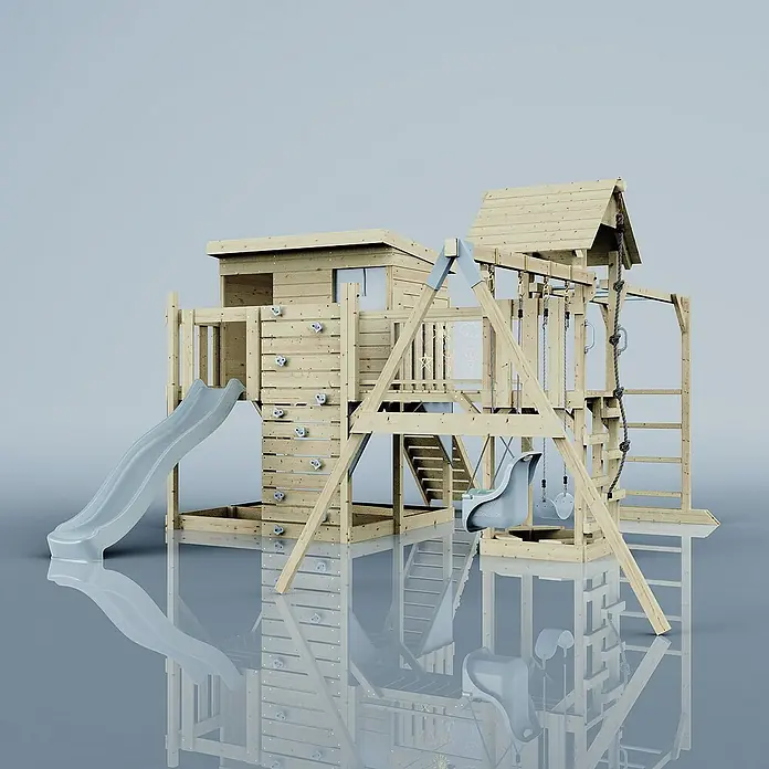 OutdoorToys Kinderspielturm Polarplay Johanna - L x B x H: 490 x 503 x 274 cm, Blau - Holzspielplatz mit Rutsche, Schaukel und Kletterwand für Kinder. Perfekt für den Garten und zum Austoben.