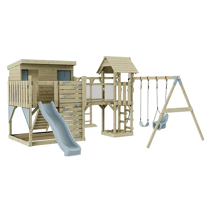 OutdoorToys Kinderspielturm Polarplay Johanna - L x B x H: 490 x 503 x 274 cm, Blau - Holzspielplatz mit Turm, Rutsche, Kletterwand und Schaukel für Kinder zum Spielen und Spaßhaben im Garten.