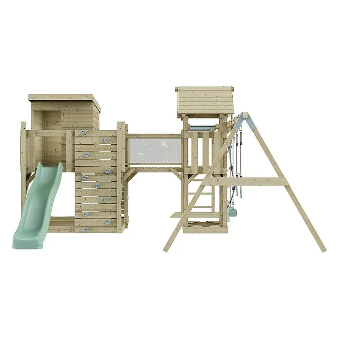 OutdoorToys Kinderspielturm Polarplay Malou - L x B x H: 562 x 503 x 274 cm, Grün - Hölzerner Spielplatz mit Rutsche, Kletterwand, Schaukeln und Tafel für kreativen Spaß im Garten.