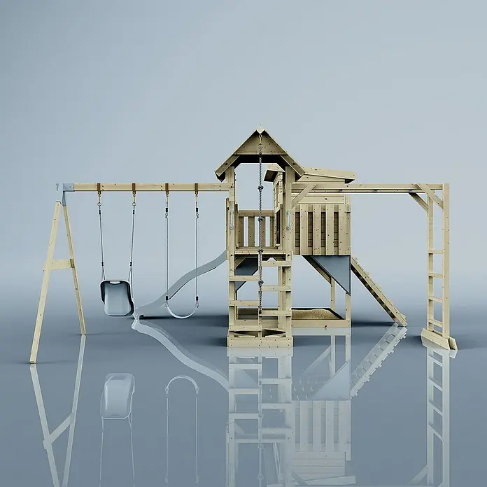 OutdoorToys Kinderspielturm Polarplay Johanna - L x B x H: 490 x 503 x 274 cm, Blau - Holzspielplatz mit Schaukel, Rutsche und Klettergerüst für stundenlangen Spielspaß im Freien. Ideal für aktive Kinder.