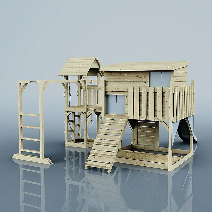 OutdoorToys Kinderspielturm Polarplay Johanna - L x B x H: 490 x 503 x 274 cm, Blau - Holz-Spielturm mit Leiter, Schaukel und Rutsche. Ideal für Kinder zum Spielen und Toben im Garten. Hochwertige Verarbeitung.
