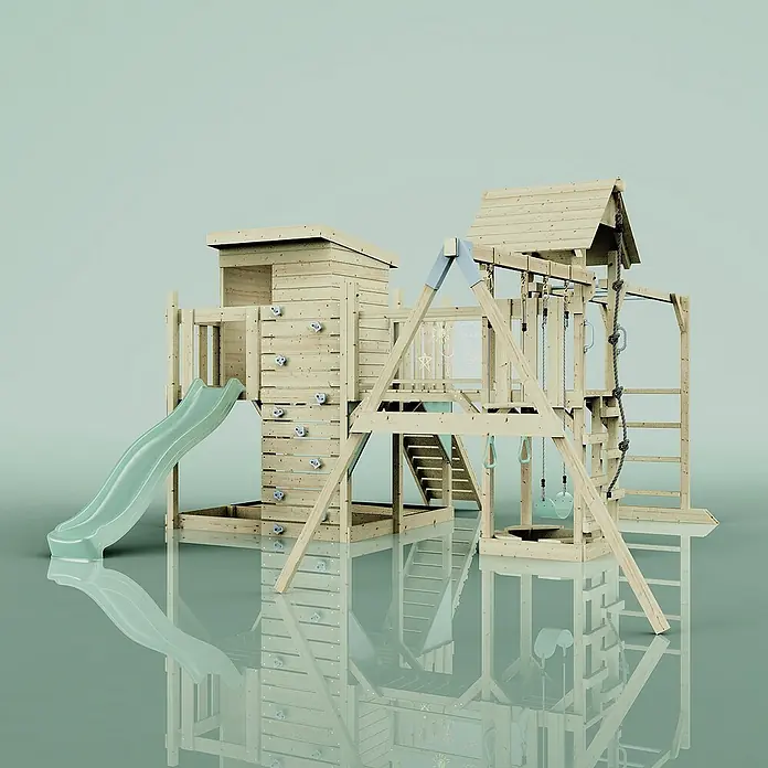 OutdoorToys Kinderspielturm Polarplay Malou - L x B x H: 562 x 503 x 274 cm, Grün - Ansicht eines detailreichen Spielturms aus Holz mit Rutsche, Kletterwand und Schaukelbereich, ideal für den Garten.