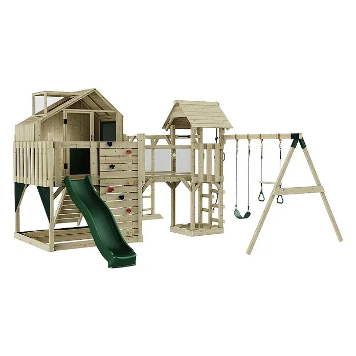 OutdoorToys Kinderspielturm Knut Trapezschaukel; - Holz, Grün - Großes Holzspielhaus mit Rutsche, Kletterwand, Schaukeln und Spielturm für Kinder zum Spielen und Spaß haben im Garten.