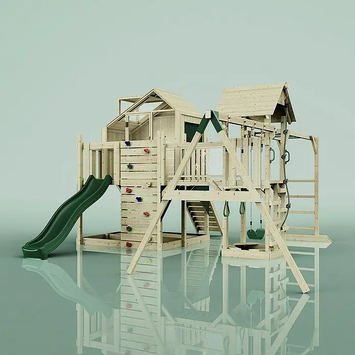 OutdoorToys Kinderspielturm Knut Trapezschaukel; - Holz, Grün - Holzspielplatz mit Rutsche, Schaukel und Kletterwand. Ideal für Kinder zum Spielen und Spaß haben im Garten.