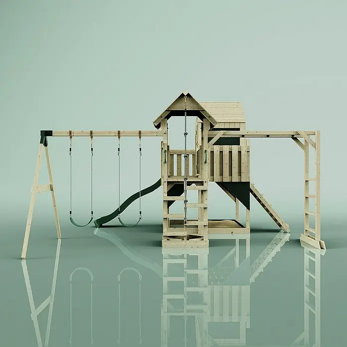 OutdoorToys Kinderspielturm Knut Kinderschaukel; - Holz, Grün - Holzspielplatz mit Schaukeln, Rutsche, Kletterwand und Leiter. Ideal für Kinder zum Spielen im Freien.