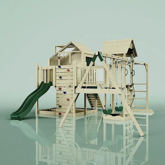 OutdoorToys Kinderspielturm Knut Kinderschaukel; - Holz, Grün - Holzspielplatz mit Rutsche, Schaukel und Kletterwand, ideal für stundenlangen Spielspaß im Freien.