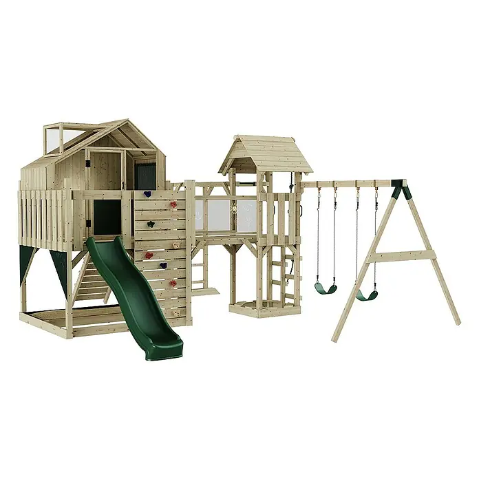 OutdoorToys Kinderspielturm Knut Kinderschaukel; - Holz, Grün - Holz-Spielplatz mit Rutsche, Schaukeln und Kletterwand für Kinder zum Spielen im Freien.